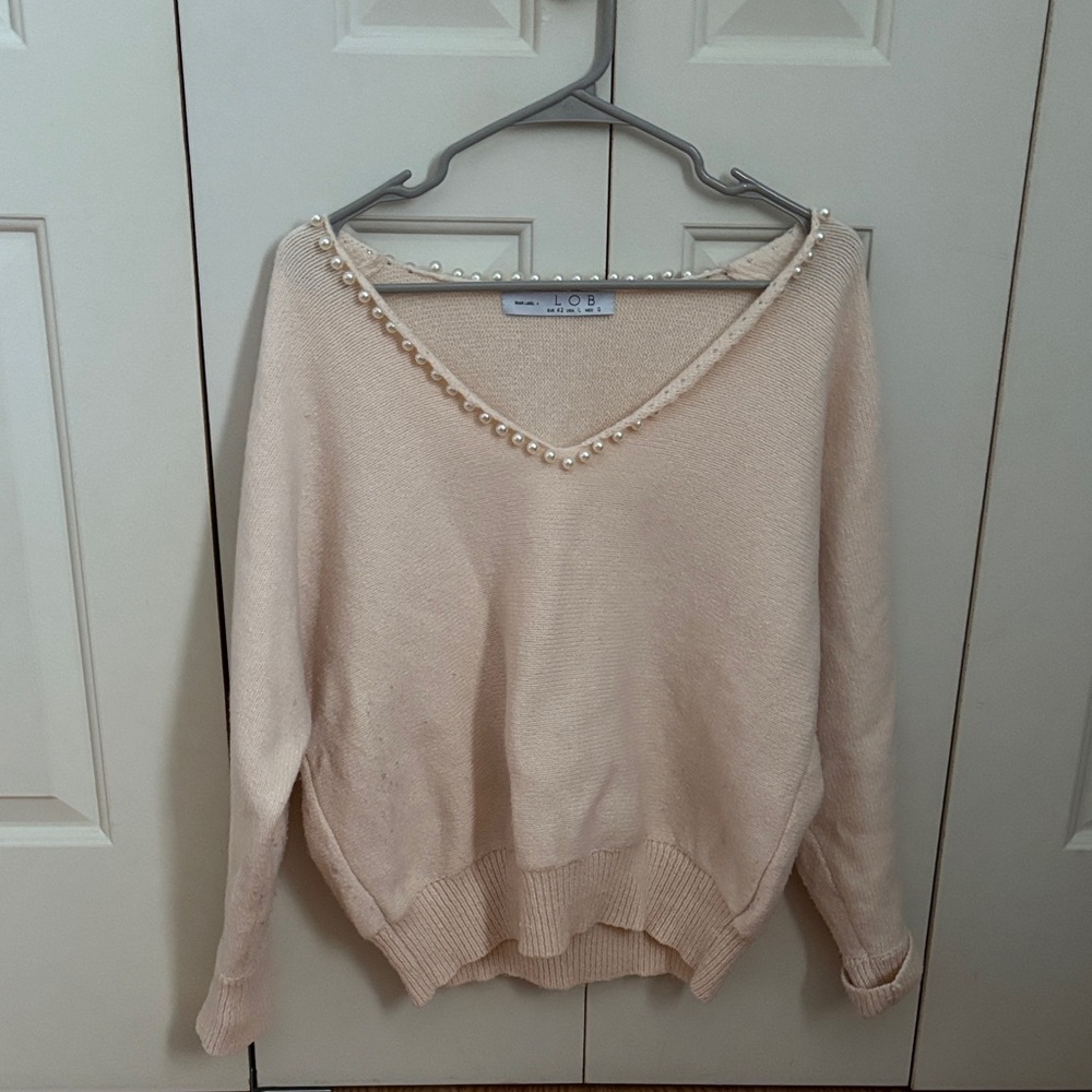 Cream V-Neck Sweater with Pearl Details